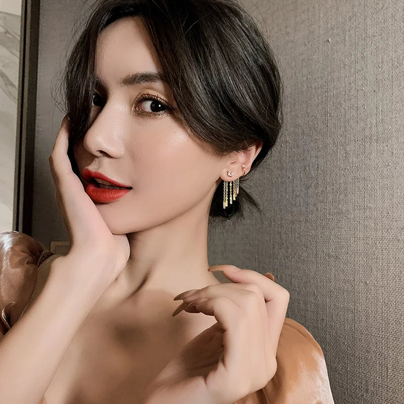 New Unusual Ear Clip and Stud One Piece Tassel Dangle Earrings - Image 3