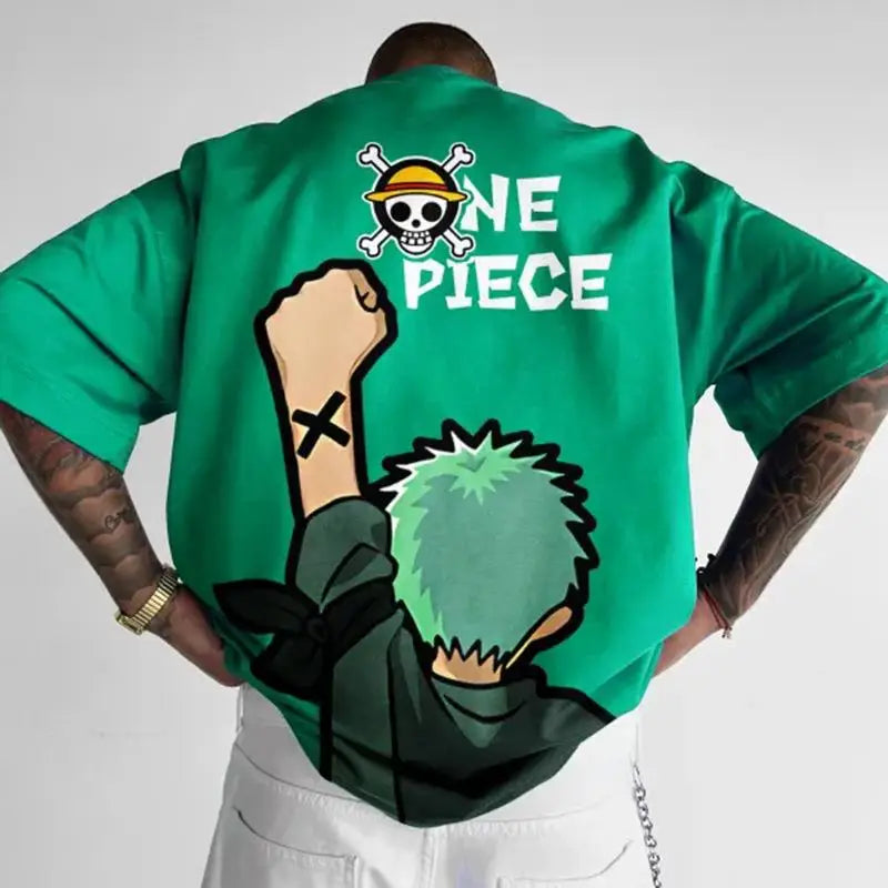 New Oversized Summer One Piece Luffy & Zoro Anime Personality Print Heavyweight Cotton T-Shirt - Image 3
