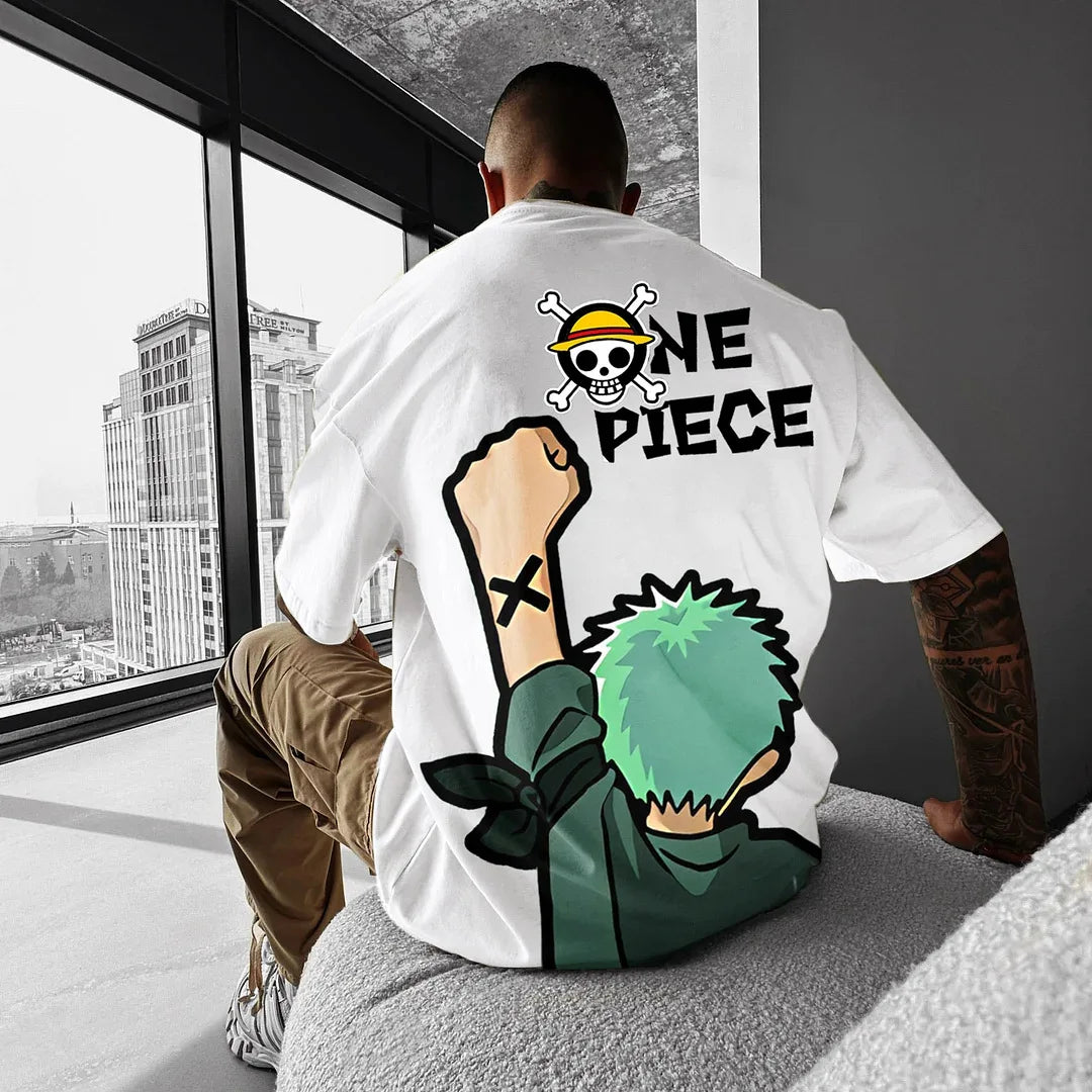 New Oversized Summer One Piece Luffy & Zoro Anime Personality Print Heavyweight Cotton T-Shirt - Image 11