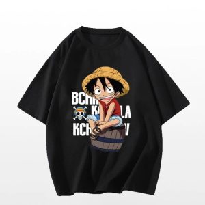 Heavy Black ONE PIECE Luffy Cartoon Printed Cotton T-Shirt
